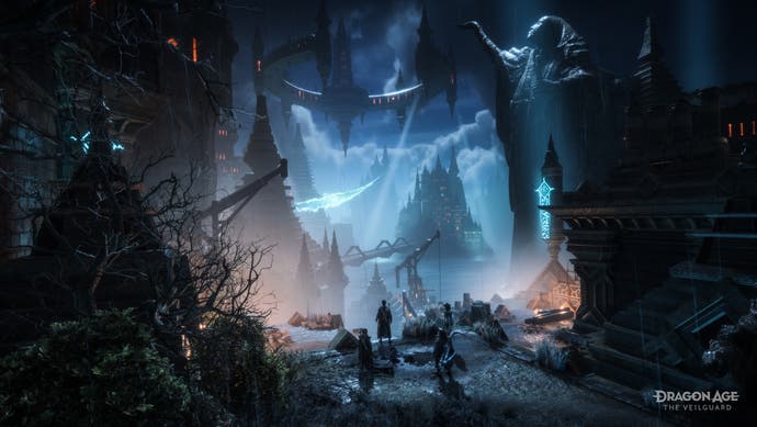 Screenshot von Dragon Age: The Veilguard, der eine Gruppe von Charakteren zeigt, die nachts spazieren gehen.
