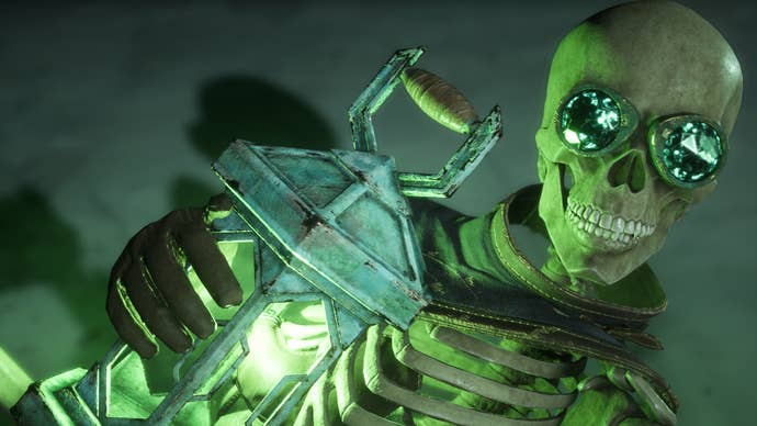 Dragon Age: The Veilguard screenshot showing Manfred the skeleton.