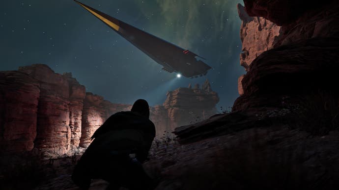 Dune: Awakening in-engine screenshot without the UI showing a player creeping towards a large airborne ship at night