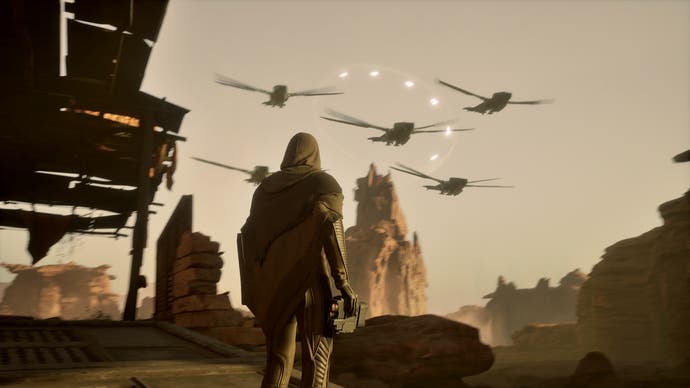 Dune: Awakening in-engine screenshot without the UI showing the player looking up at five ornithopters flying overhead