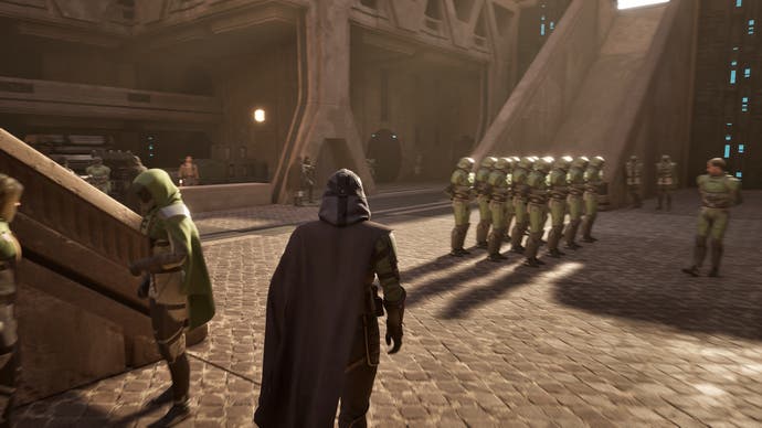 Dune: Awakening in-engine screenshot without the UI showing the player walking towards rows of lined-up troops outside
