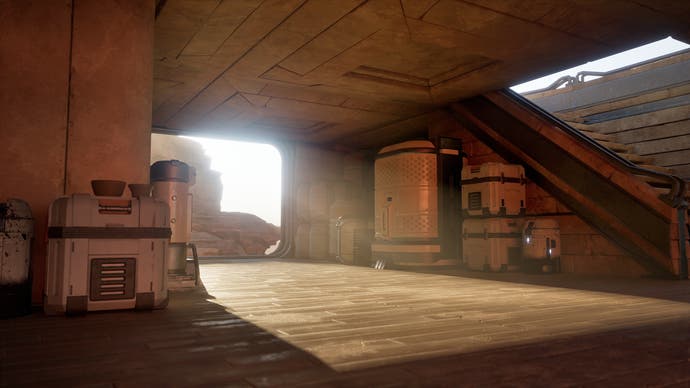 Dune: Awakening in-engine screenshot without the UI showing lighting in an indoor base area