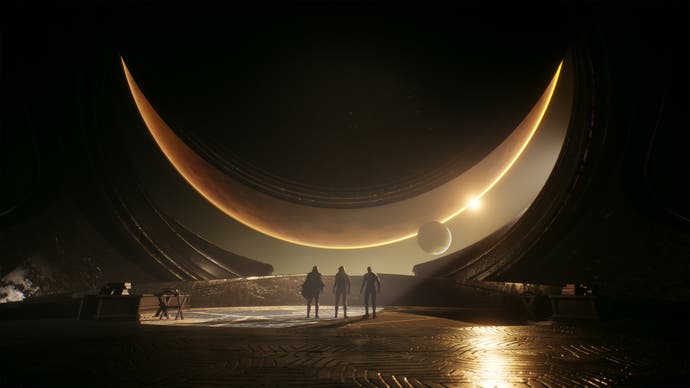 Dune: Awakening in-engine screenshot without the UI showing three characters looking out towards a lunar eclipse