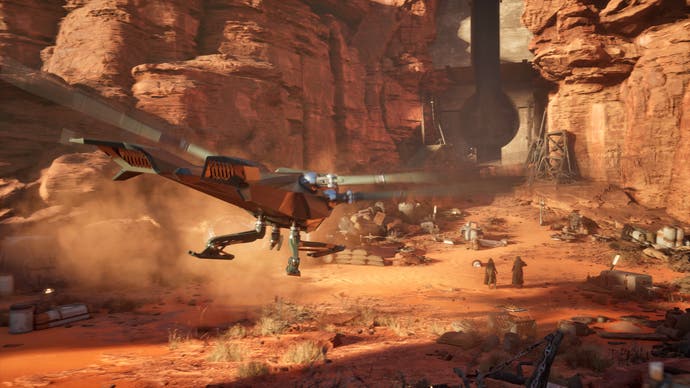 Dune: Awakening in-engine screenshot without the UI showing an airborne ship flying towards a desert settlement