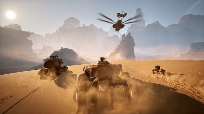 Dune: Awakening in-engine screenshot without the UI showing three different land vehicles and an ornithopter driving away from the camera in the desert