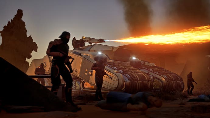 Dune: Awakening in-engine screenshot showing players silhouetted against a tank that's firing a flamethrower