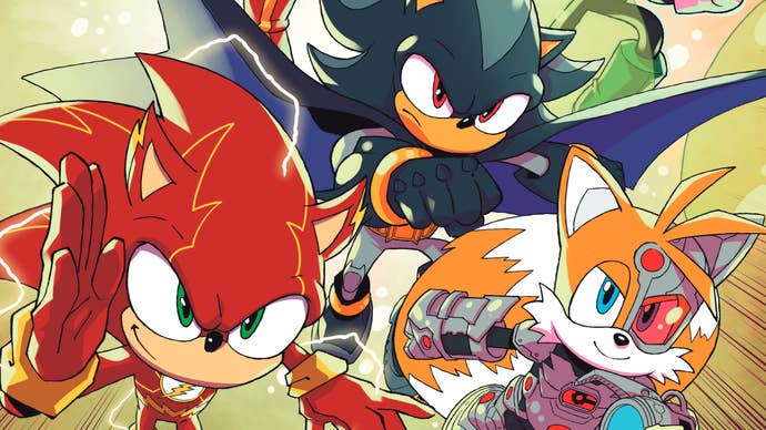 Sonic DC Comic image showing close up of Sonic as The Flash, Shadow as Batman, and Tails as Cyborg