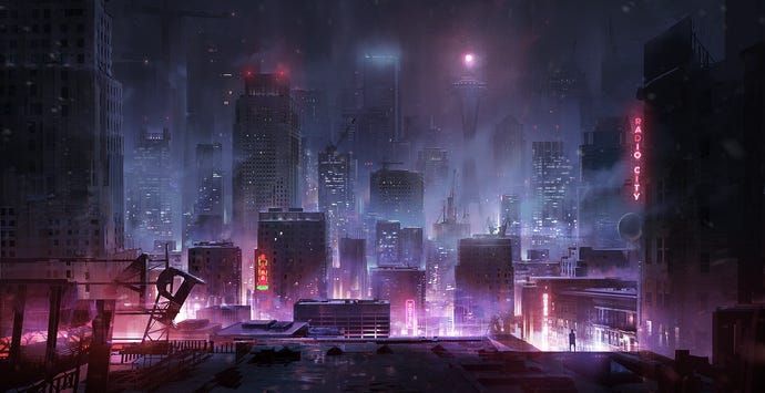 A nighttime cityscape in Vampire: The Masquerade - Bloodlines 2