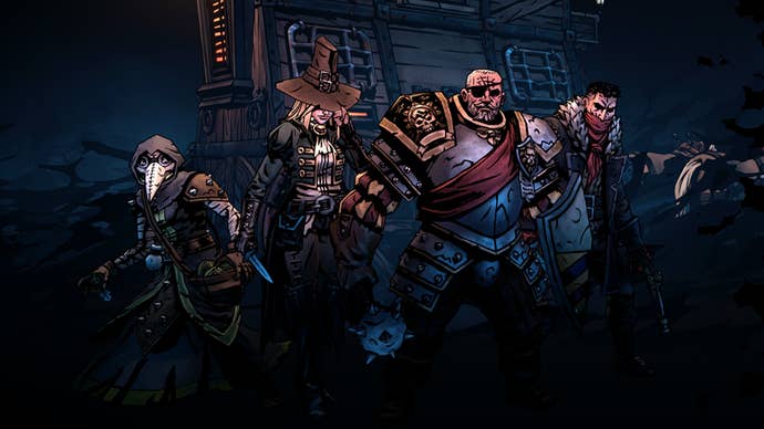Darkest Dungeon 2 artwork showing four grizzled characters on dark background