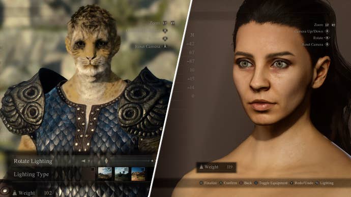 A split image of a character creator in Dragon’s Dogma 2: one half features a beastren and the other a human woman.
