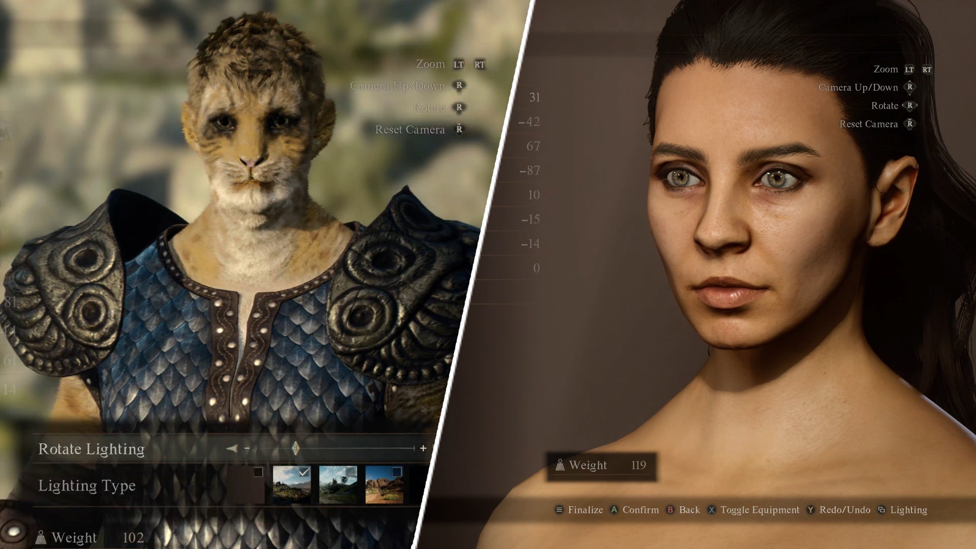 A split image of a character creator in Dragon's Dogma 2: one half features a beastren and the other a human woman. - 1