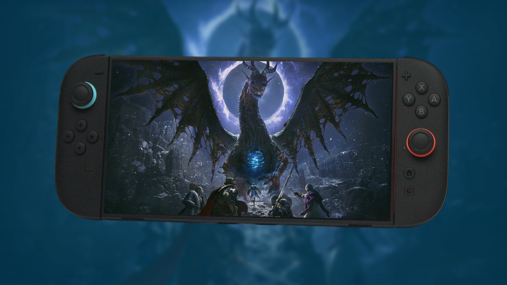 Screenshot of a dragon towering over four RPG players in Dragon's Dogma Dark Arisen