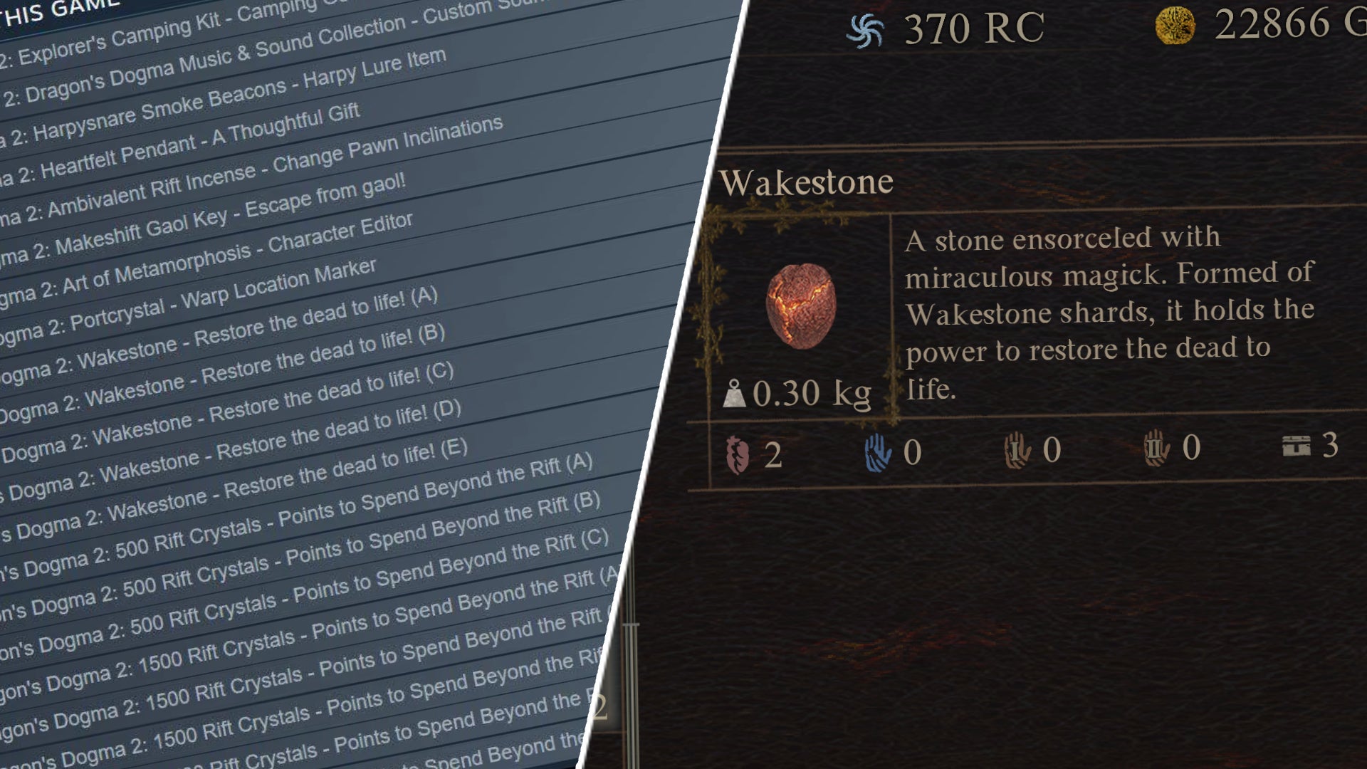 A list of MTX in DD2 as well as an image of a Riftstone. - 1