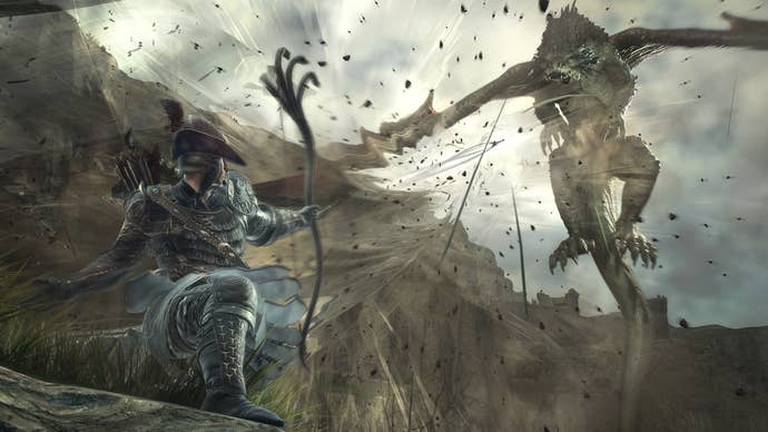 A magick archer from Dragon’s Dogma 2 firing an arrow at a distant dragon