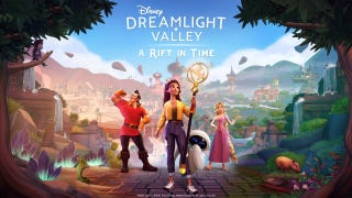 Disney Dreamlight Valley: A Rift in Time artwork shows the player character in a fantasy world flanked by Gaston from Beauty in the Beast and Rapunzel.