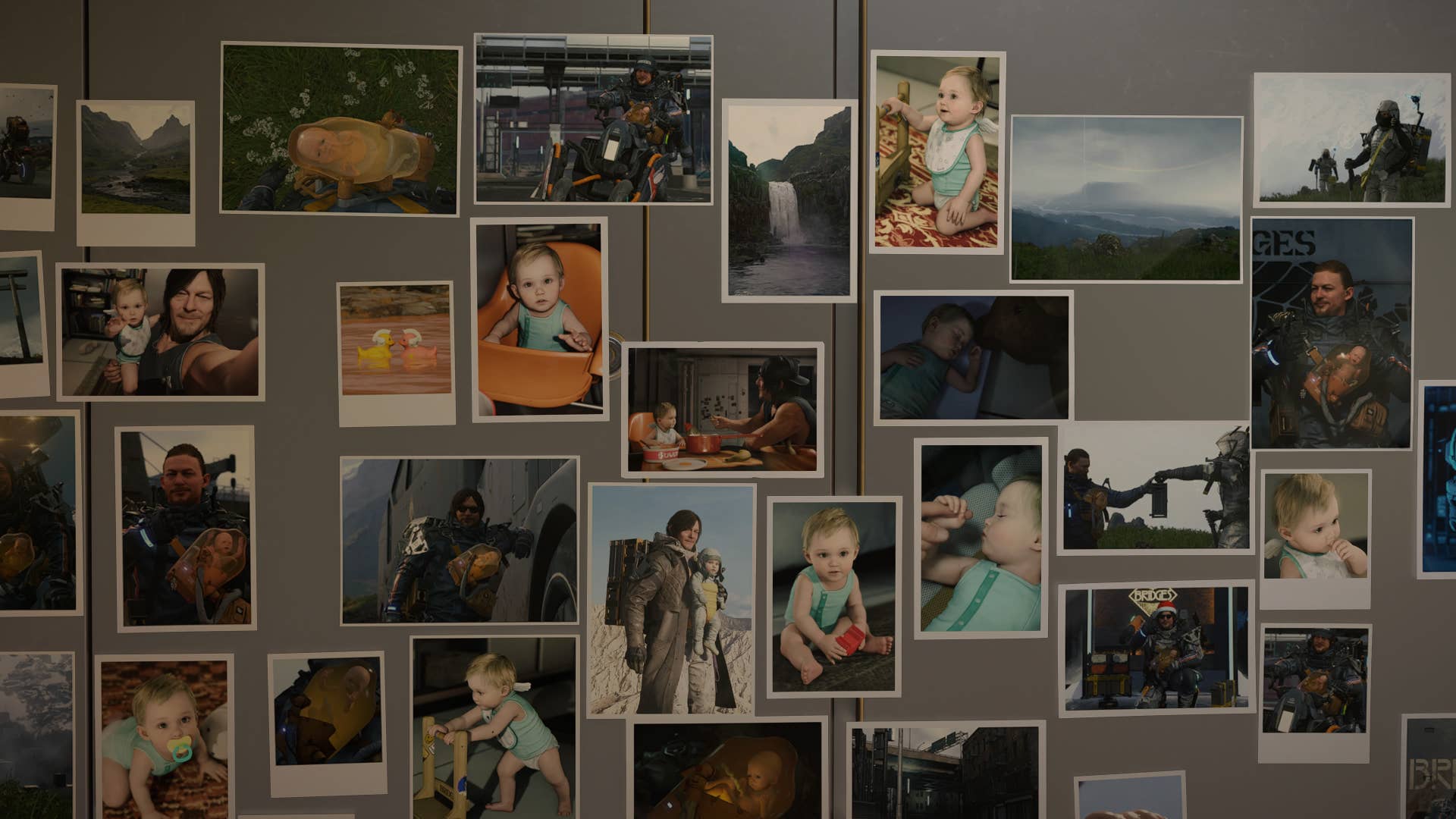 A wall of photographs in Death Stranding 2.