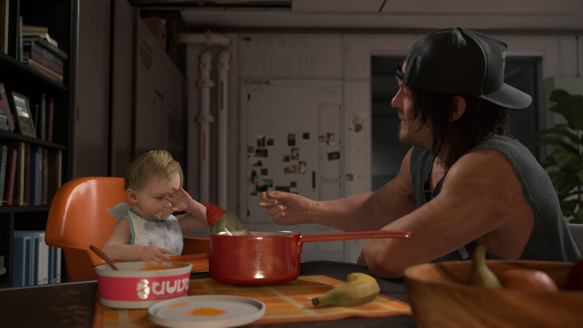Sam feeds his baby in Death Stranding 2.