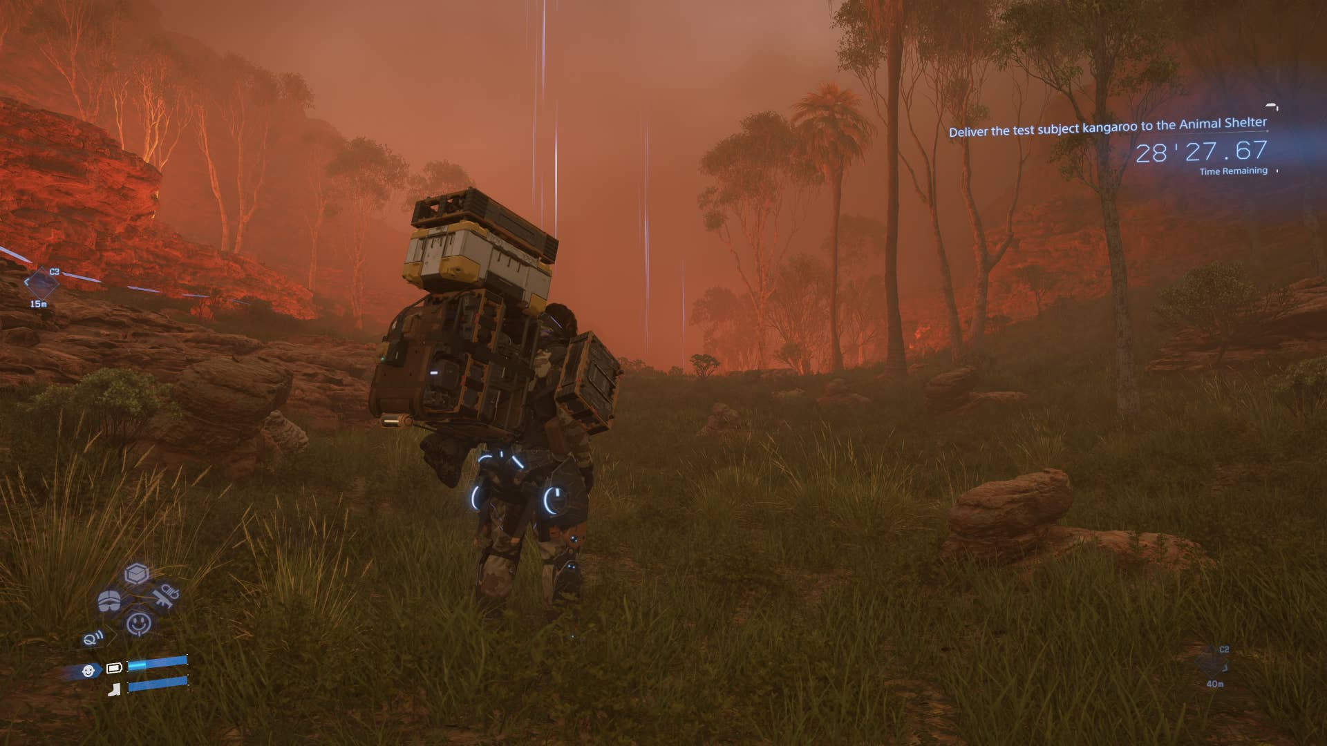 Sam navigates dust storms in Death Stranding 2.