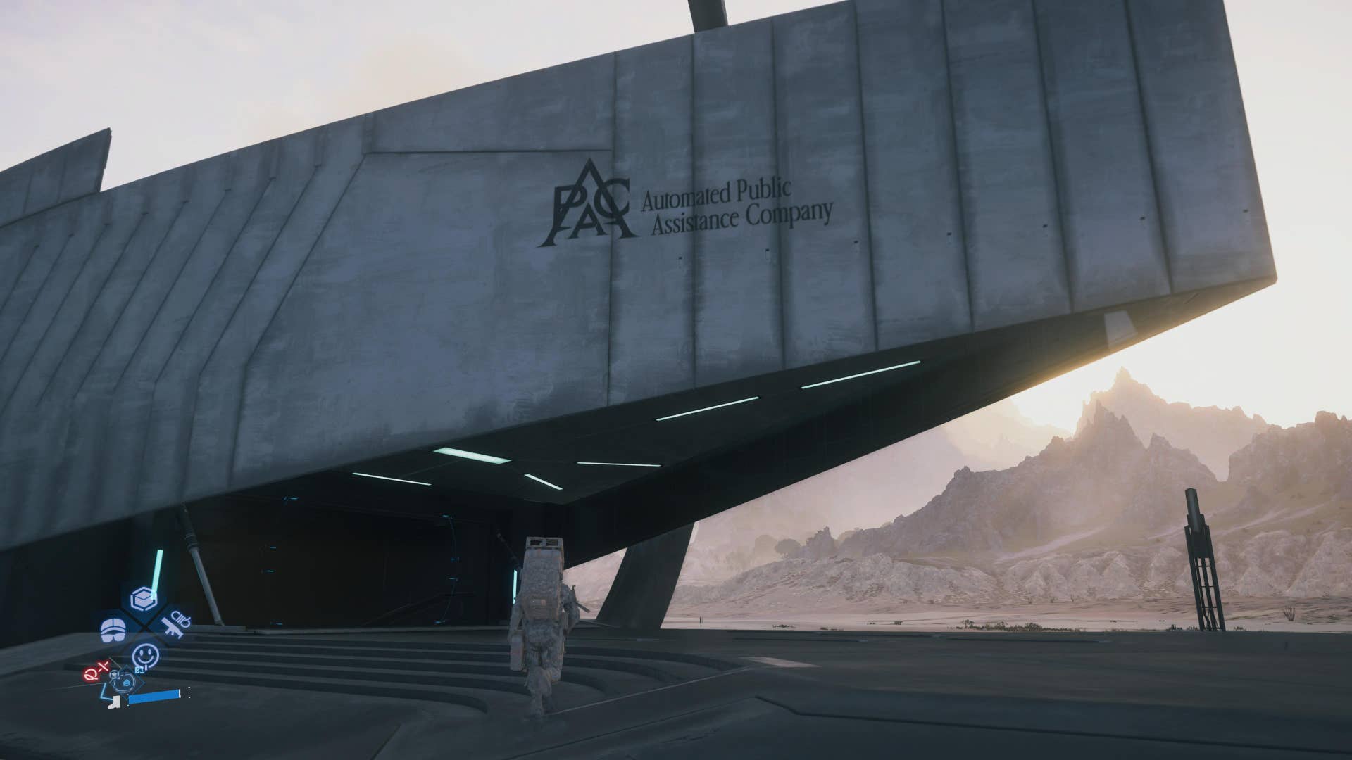 Death Stranding 2 screenshot showing Sam approaching a futuristic structure