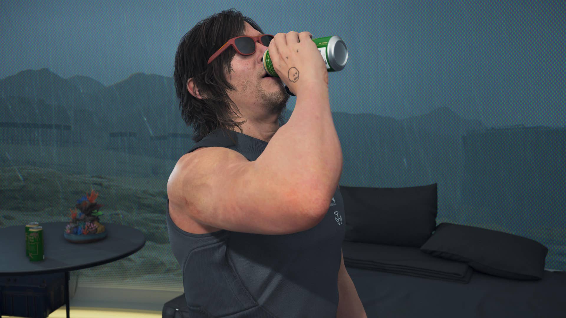 Death Stranding 2 screenshot showing Sam chugging a brew