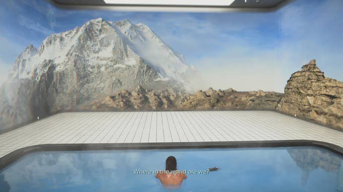 Death Stranding 2 screenshot showing Sam in a pool surrounded by a screen of sorts showing mountains. Dialogue reads: where in the world are we?