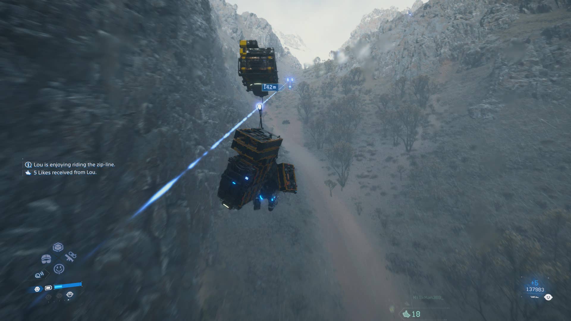 Death Stranding 2 screenshot showing Sam rapelling through a grey mountain valley