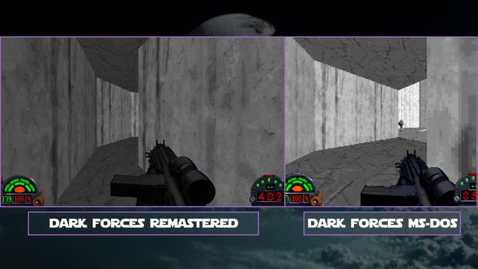 dark forces remaster vs ms-dos original screenshots inside showing walls mostly