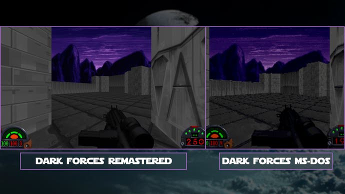 dark forces remaster vs ms-dos original screenshots outside showing a skybox