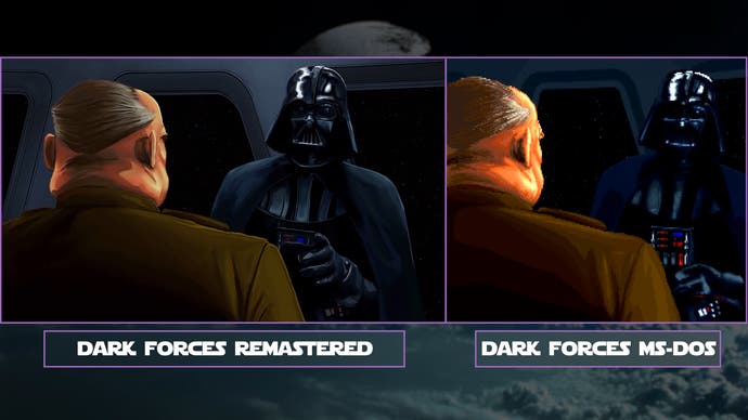 dark forces remaster vs ms-dos original screenshots outside showing remade 2d cutscenes