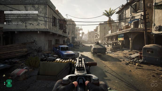 A screenshot of Delta Force, showing the player manning a heavy machinegun turret on the back of a Humvee as it drives down a detritus-filled Mogadishu street.
