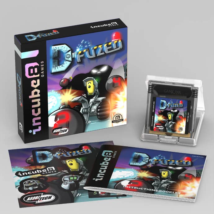 The D*Fuzed Game Boy Color game product shot, showing the box, manual and cartridge.