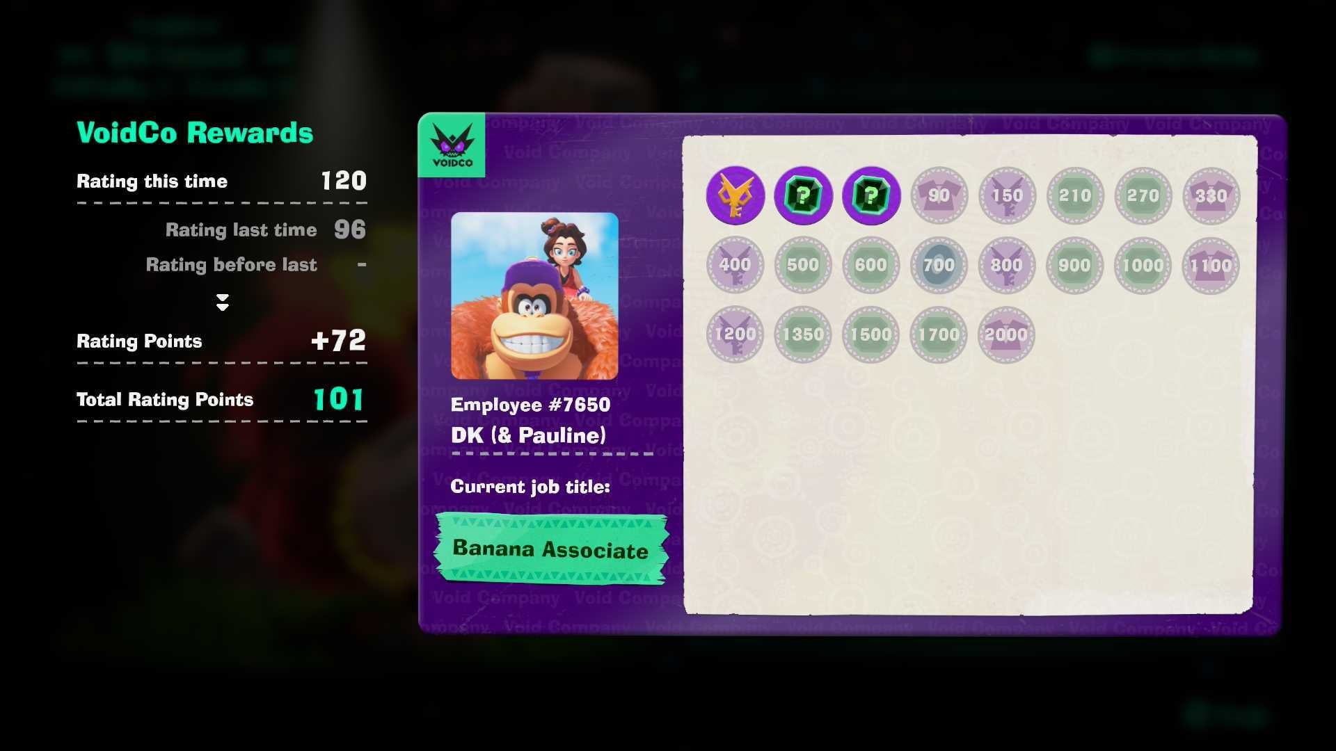 Donkey Kong Bananza DK Island and Emerald Rush DLC screenshot showing the rewards screen for your in-game rating