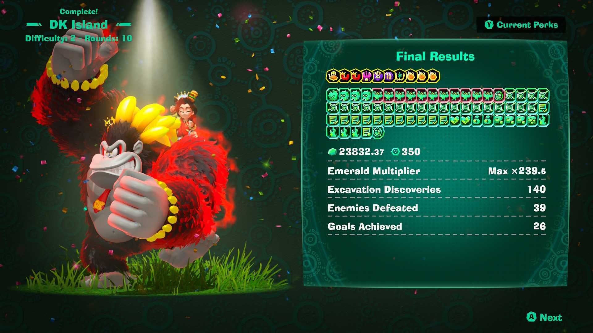Donkey Kong Bananza DK Island and Emerald Rush DLC screenshot showing the final results screen