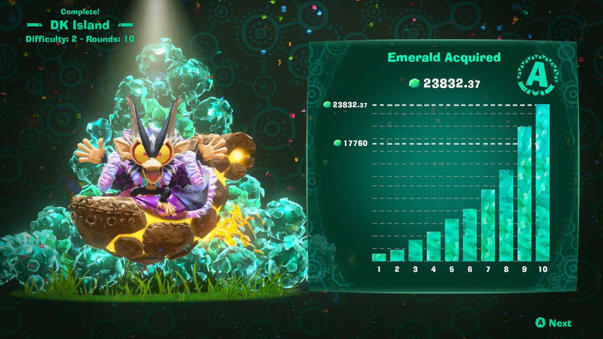 Donkey Kong Bananza DK Island and Emerald Rush DLC screenshot showing the Emeralds Earned screen with a graph labelled Rank A