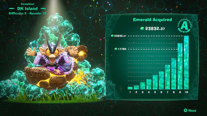 Donkey Kong Bananza DK Island and Emerald Rush DLC screenshot showing the Emeralds Earned screen with a graph labelled Rank A