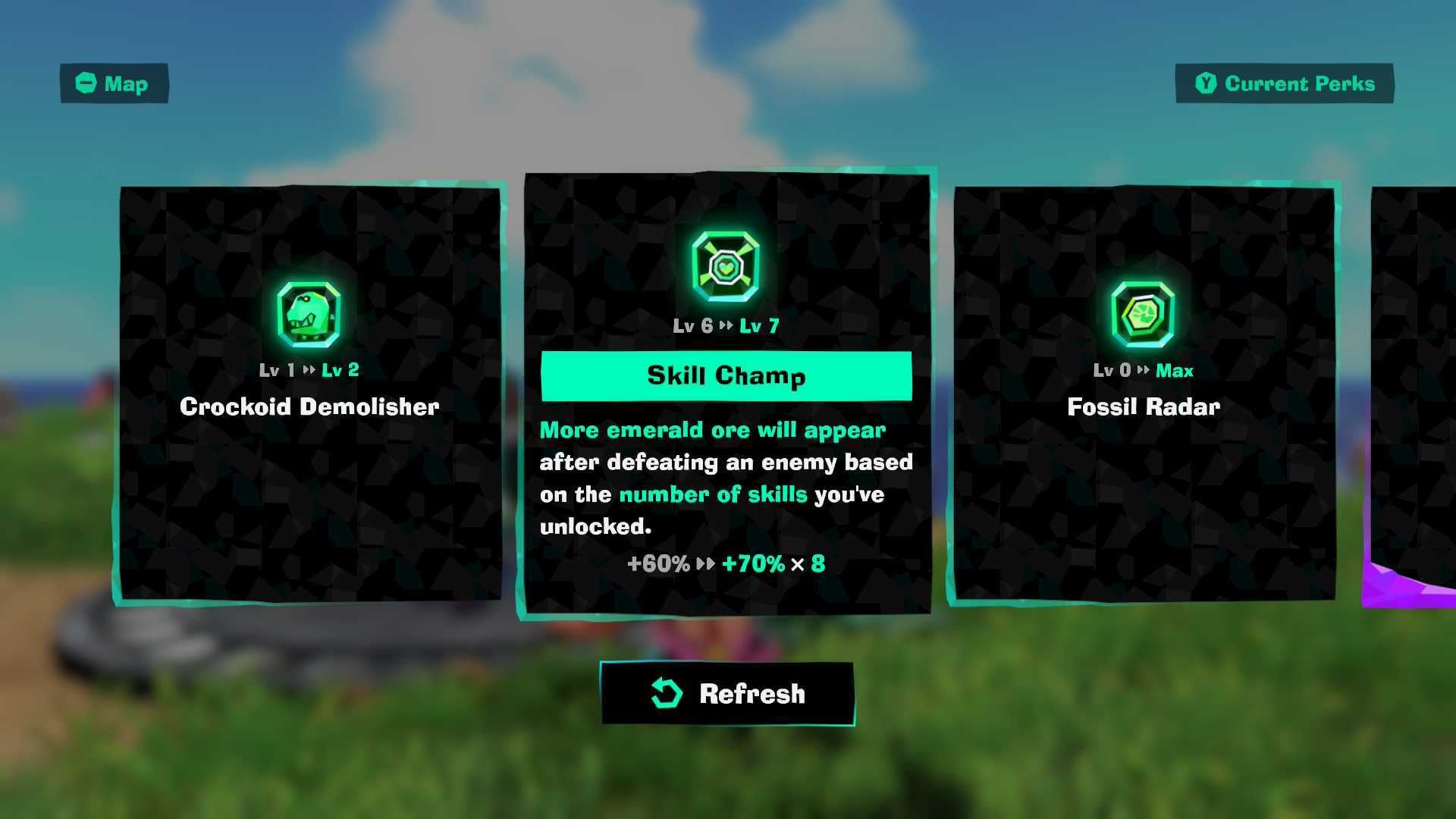 Donkey Kong Bananza DK Island and Emerald Rush DLC screenshot showing a choice of 3 perks
