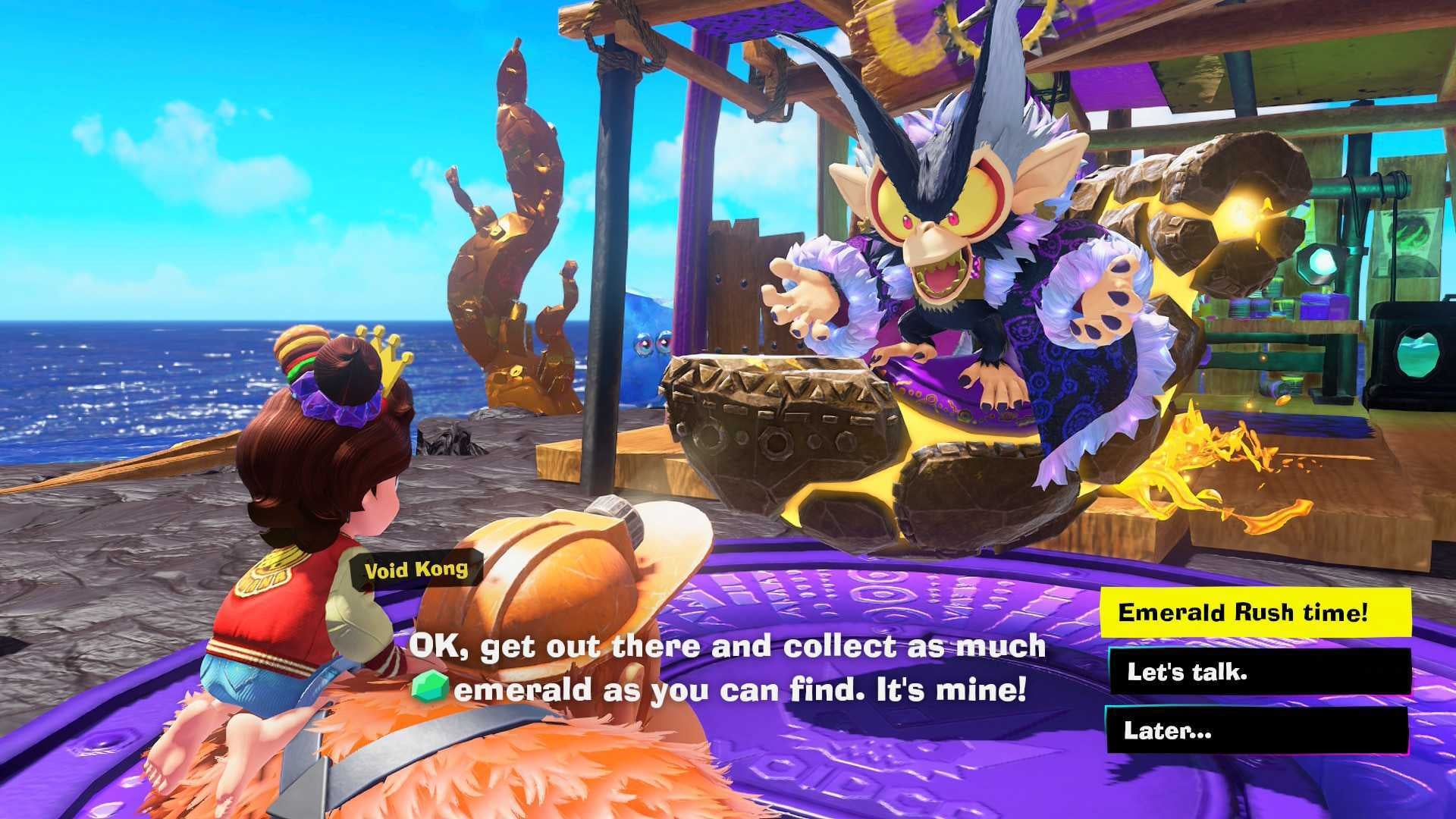 Donkey Kong Bananza DK Island and Emerald Rush DLC screenshot showing you talking to a baddie