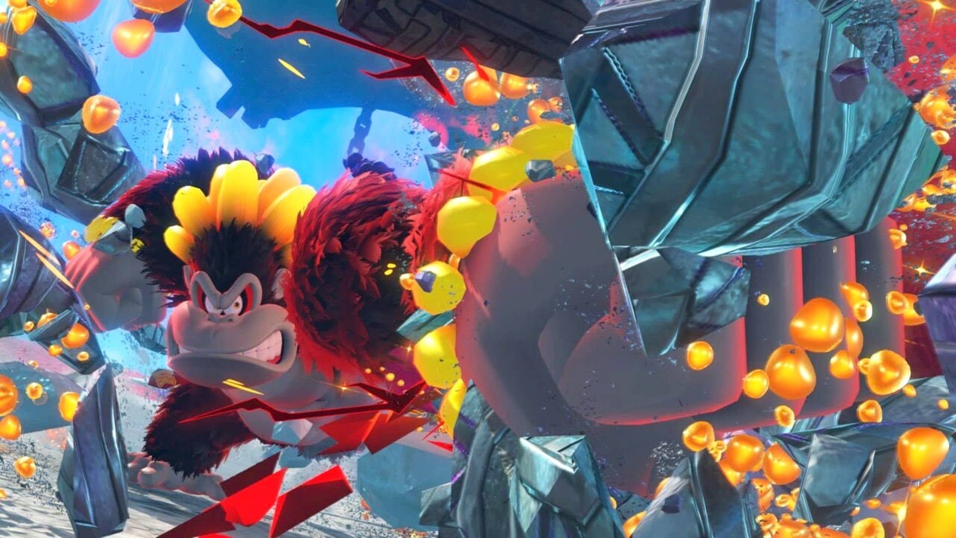 Donkey Kong, in a transformed state wearing a crown of bananas, smashes through a rock with his fists