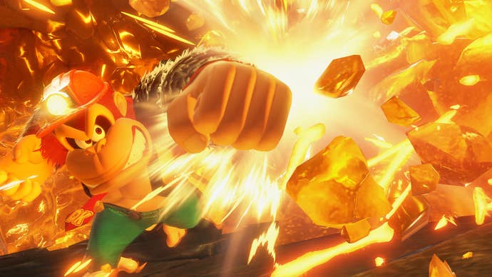 Donkey Kong, mid-smash, breaking apart a boulder with his fists.