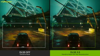 A comparison image showing Cyberpunk 2077, with and without Nvidia DLSS 3.5's Ray Reconstruction