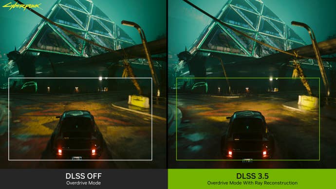A comparison image showing Cyberpunk 2077, with and without Nvidia DLSS 3.5’s Ray Reconstruction