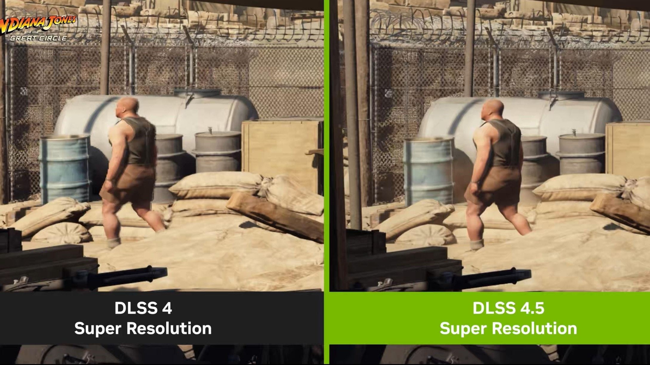 A official Nvidia comparison showing DLSS 4 vs DLSS 4.5 upscaling in Indiana Jones and the Great Circle. - 3
