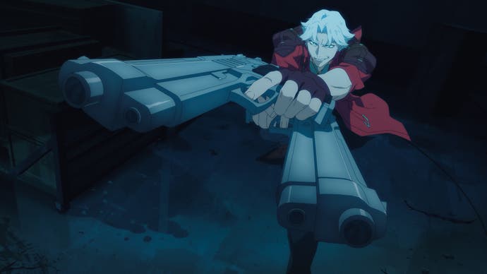 Devil May Cry TV series screenshot showing Dante with a gun pointing towards the camera