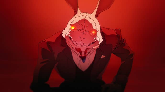 Devil May Cry TV series screenshot showing a man with a rabbit’s head in a suit against blood red background