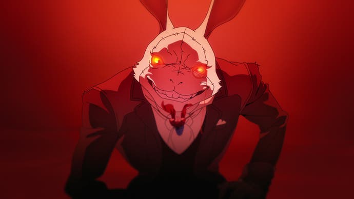 Devil May Cry TV series screenshot showing a man with a rabbit's head in a suit against blood red background