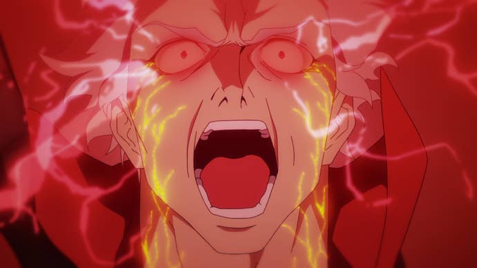 Devil May Cry TV series screenshot showing a character screaming in close up with red lighting coming from his eyes