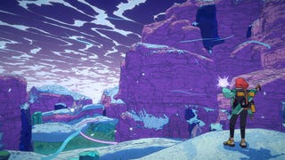 Dungeons of Hinterberg officials creen showing the character overlooking a purple and icy blue frozen mountain world.