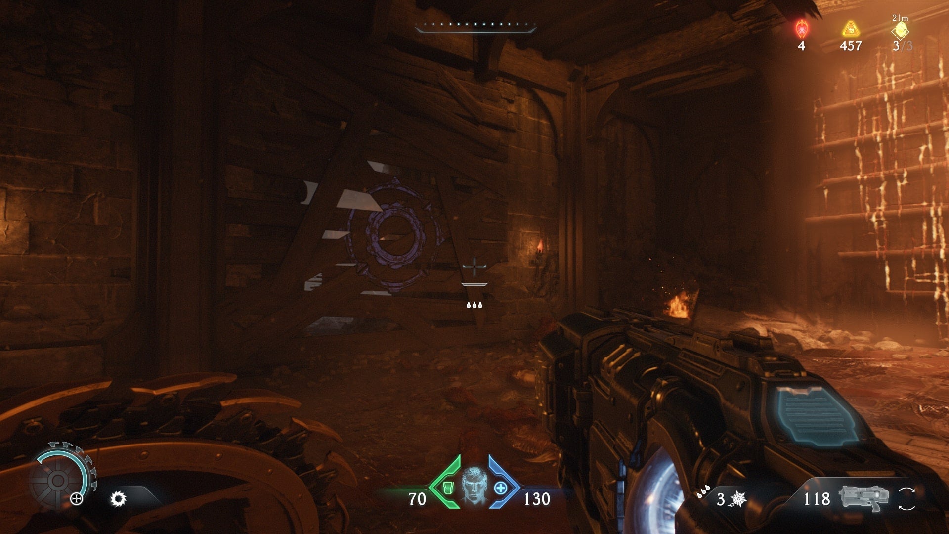 The player aims at a boarded up entryway with a purple shield sigil on it in the Village of Khalim in DOOM: The Dark Ages - 4