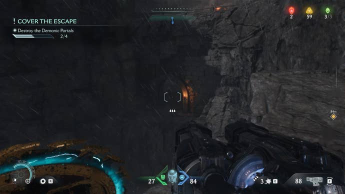 The player looks down at a small cave they can sprint-jump to in the Village of Khalim in DOOM: The Dark Ages