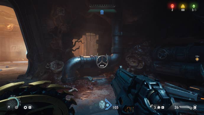 The player looks at a hidden valve in Hebeth in DOOM: The Dark Ages